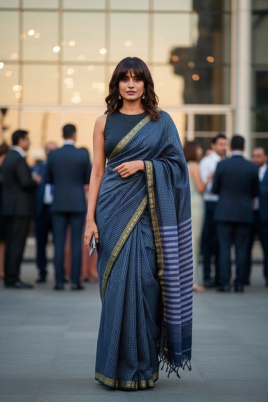 Fine Cotton Saree-Charcoal Black-White -Small Checkered Woven