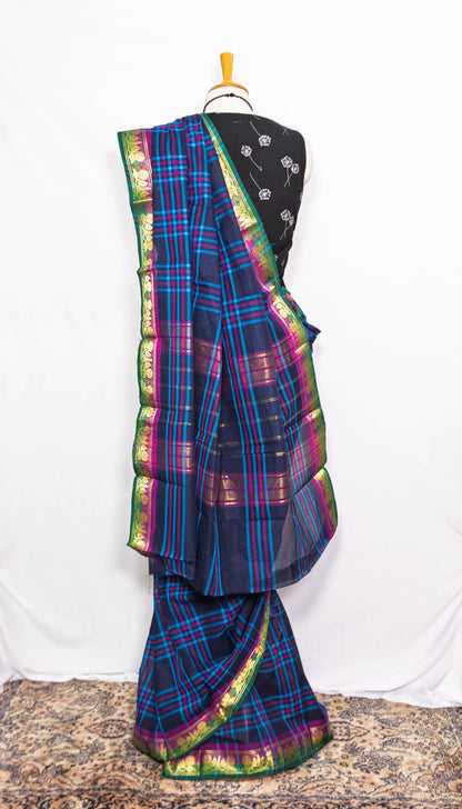 Blue Chequred Handloom Cotton saree