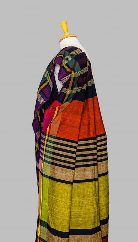 Handwoven Khadi Cotton Saree-Black-Purple-Stripes