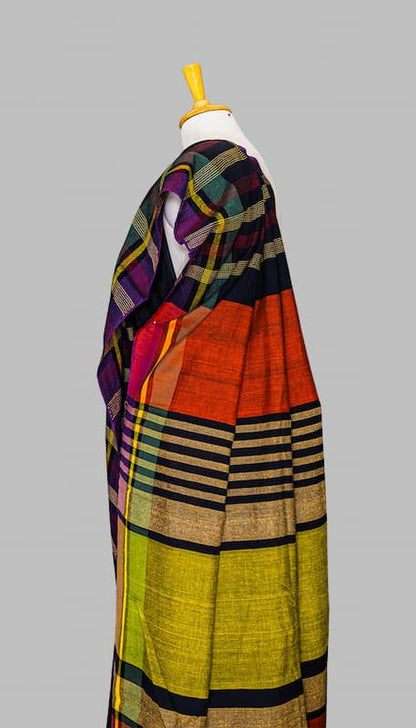 Handwoven Khadi Cotton Saree-Black-Purple-Stripes