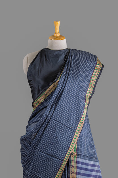 Fine Cotton Saree-Charcoal Black-White -Small Checkered Woven