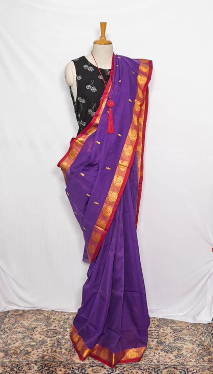 Purple/ Golden Border Handloom Cotton saree