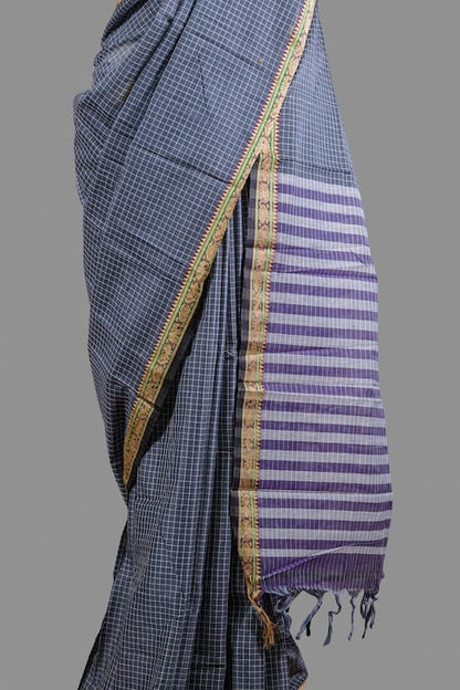 Fine Cotton Saree-Charcoal Black-White -Small Checkered Woven