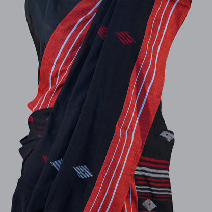 FINE HANDLOOM COTTON SAREE-CHARCOAL BLACK-RED BORDER- PURE COTTON SAREE COLLECTION | simmpli ethnicc