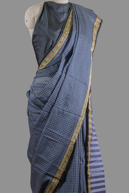 Fine Cotton Saree-Charcoal Black-White -Small Checkered Woven
