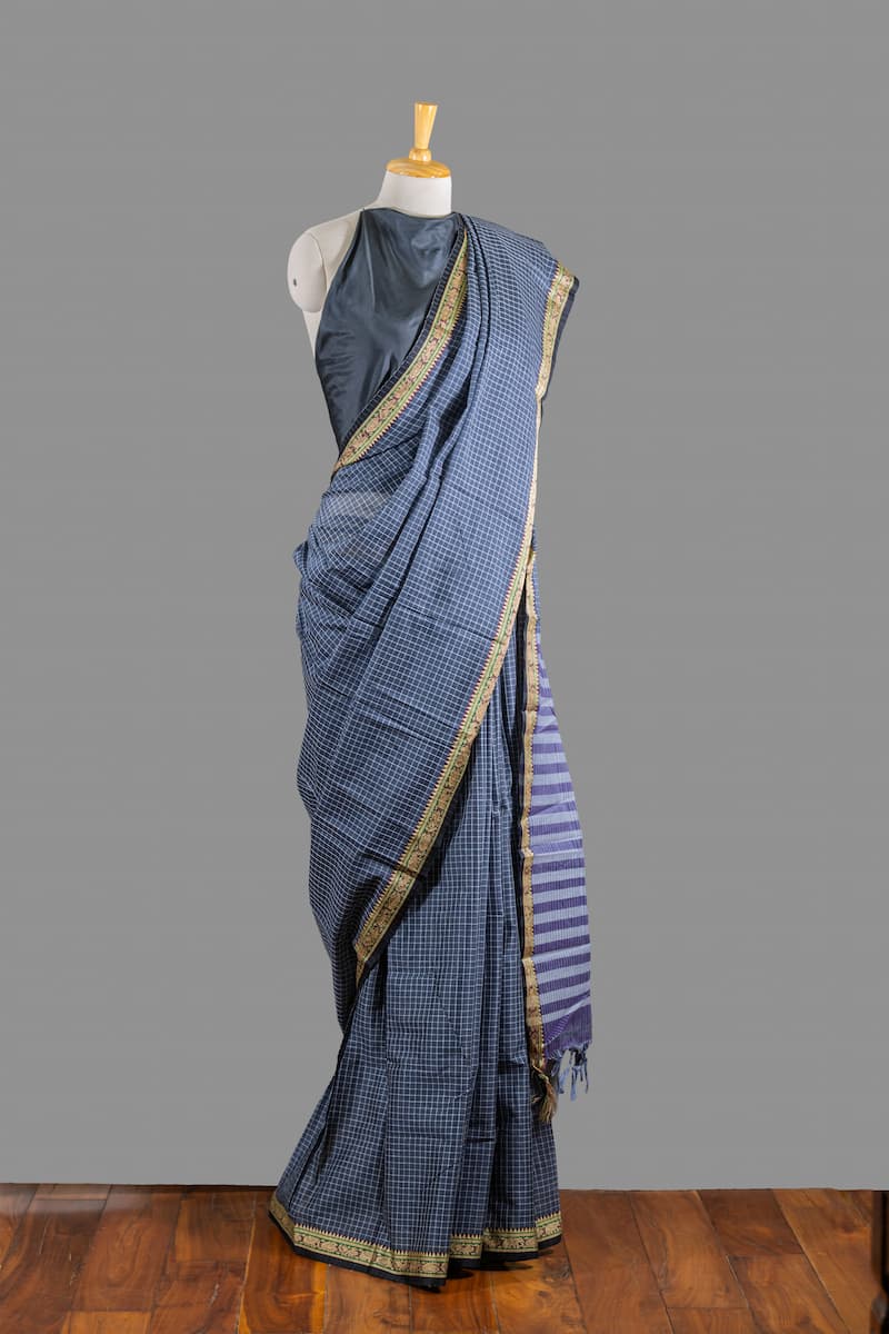 Fine Cotton Saree-Charcoal Black-White -Small Checkered Woven