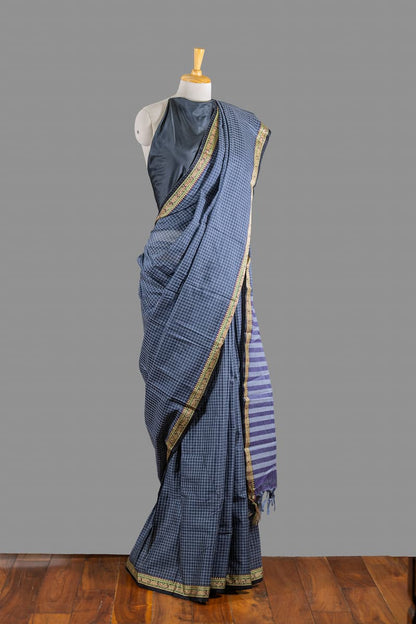 Fine Cotton Saree-Charcoal Black-White -Small Checkered Woven