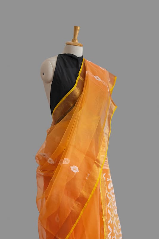 Muslin Silk Saree-Peach-Coral Red-Handwoven