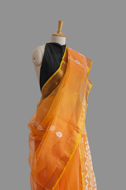 Muslin Silk Saree-Peach-Coral Red-Handwoven