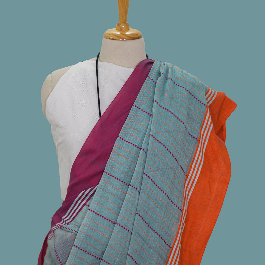 Handloom cotton Striped Aquamarine Green  With ganga jamuna Rose Red/ orange Border