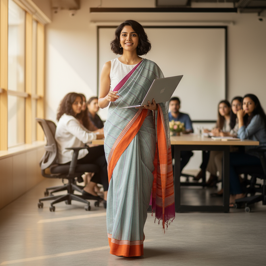 HANDLOOM COTTON SAREE-AQUA GREEN STRIPED-HANDLOOM SAREE COLLECTION | simmpli ethnicc