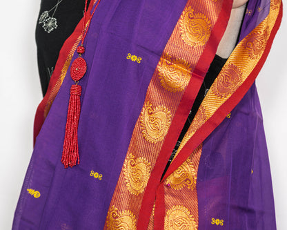 Purple/ Golden Border Handloom Cotton saree