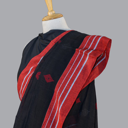 FINE HANDLOOM COTTON SAREE-CHARCOAL BLACK-RED BORDER- PURE COTTON SAREE COLLECTION | simmpli ethnicc