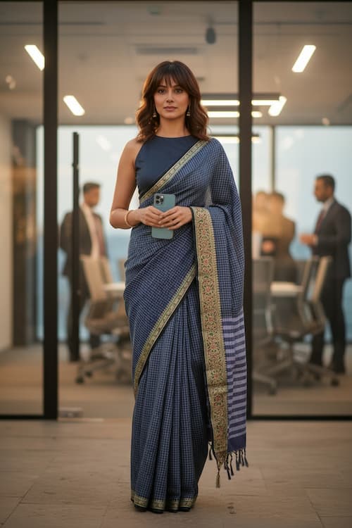Fine Cotton Saree-Charcoal Black-White -Small Checkered Woven