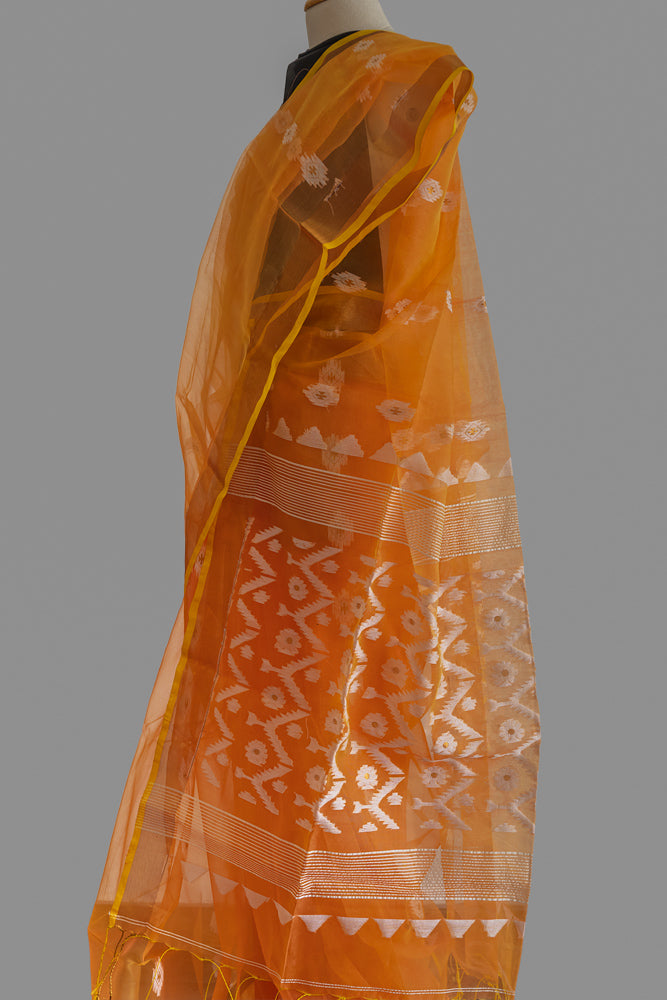 MUSLIN SILK SAREE - PEACH/CORAL RED HANDWOVEN - PARTY WEAR COLLECTION | simmpli ethnicc