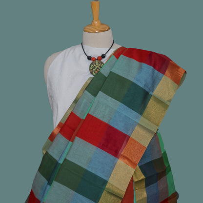 Cotton Silk Multicolour Checkered Golden Slim Border Saree | simmpli ethnicc