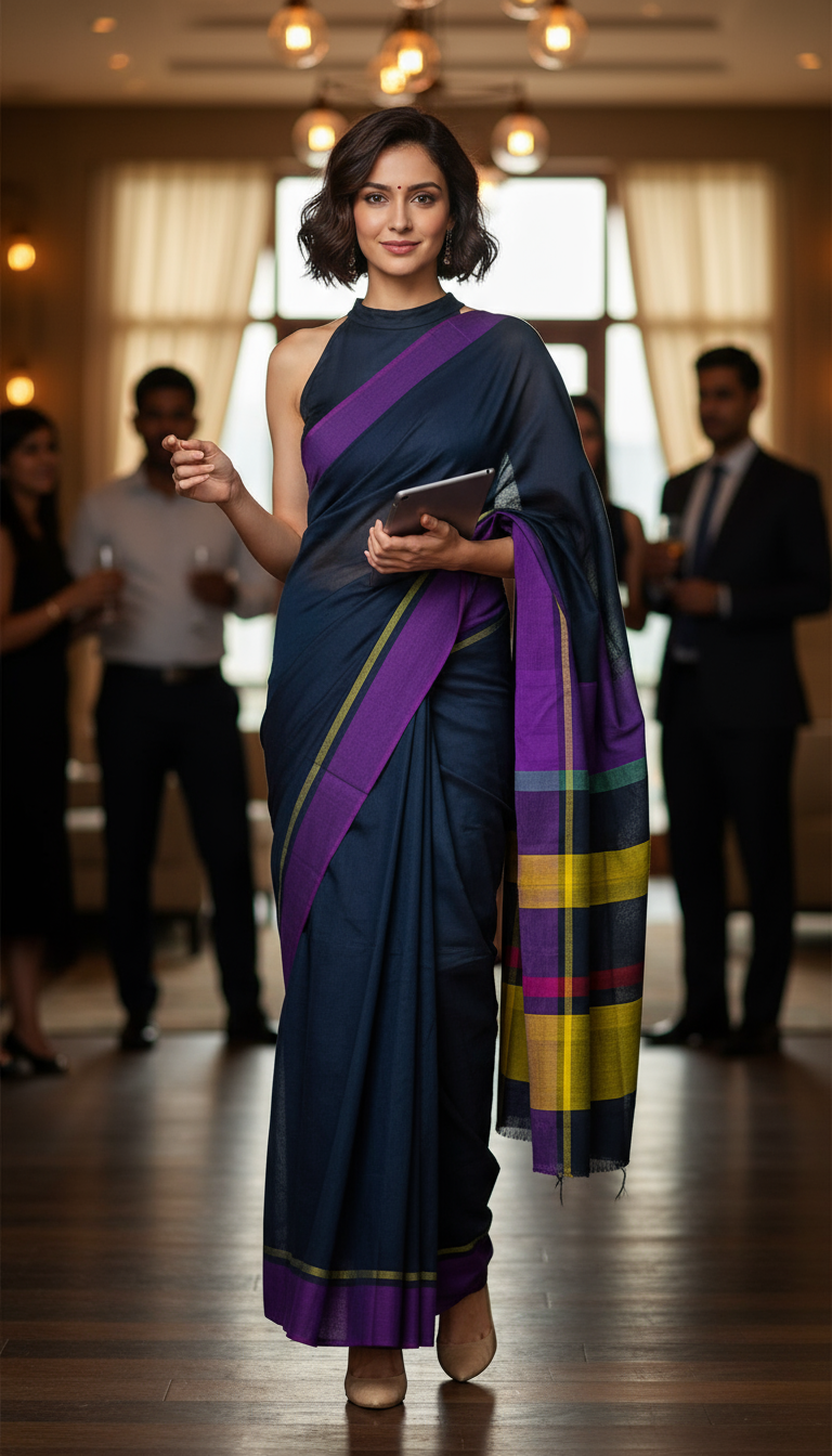 KHADI COTTON SAREE-BLACK-PURPLE -HANDWOVEN SAREES | KHADI COTTON SAREE COLLECTION | simmpli ethnic