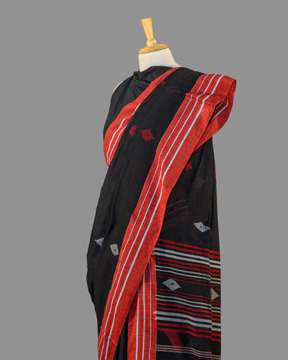 FINE HANDLOOM COTTON SAREE-CHARCOAL BLACK-RED BORDER- PURE COTTON SAREE COLLECTION | simmpli ethnicc