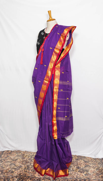 Purple/ Golden Border Handloom Cotton saree