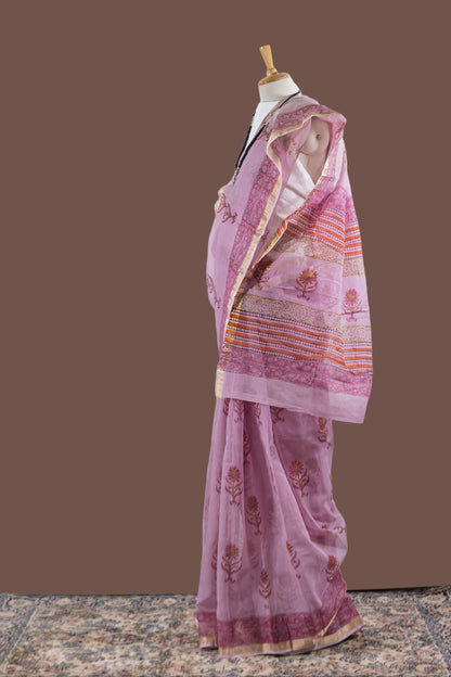 LAVENDER PINK KOTA DORIA FLORAL PRINT SAREE