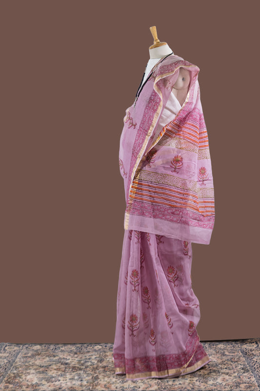 simmpli ethnicc | LAVENDER PINK KOTA DORIA FLORAL PRINT SAREE