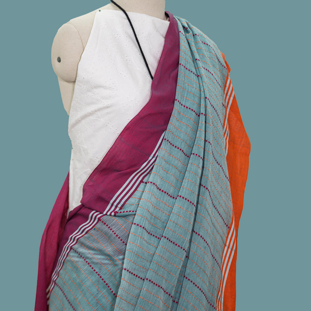 Handloom cotton Striped Aquamarine Green  With ganga jamuna Rose Red/ orange Border