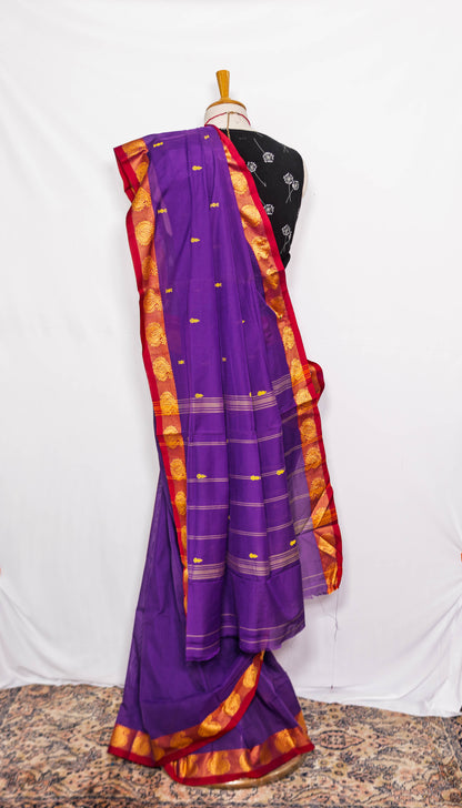 Purple/ Golden Border Handloom Cotton saree
