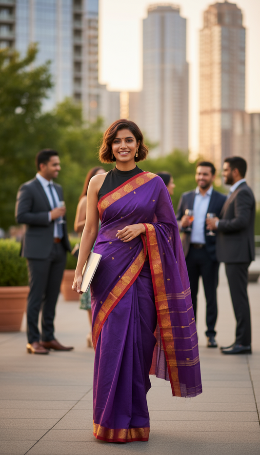 HANDLOOM COTTON SAREE-TRUE PURPLE-RED ZARI-BORDER-HANDLOOM SAREE COLLECTION | simmpli ethnicc