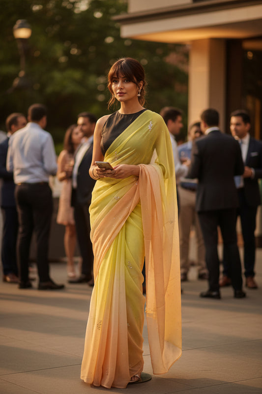 PURE CHIFFON SAREE-YELLOW GREEN - TYE-DYE -MUKESH- CHIFFON SAREE COLLECTION | simmpli ethnicc