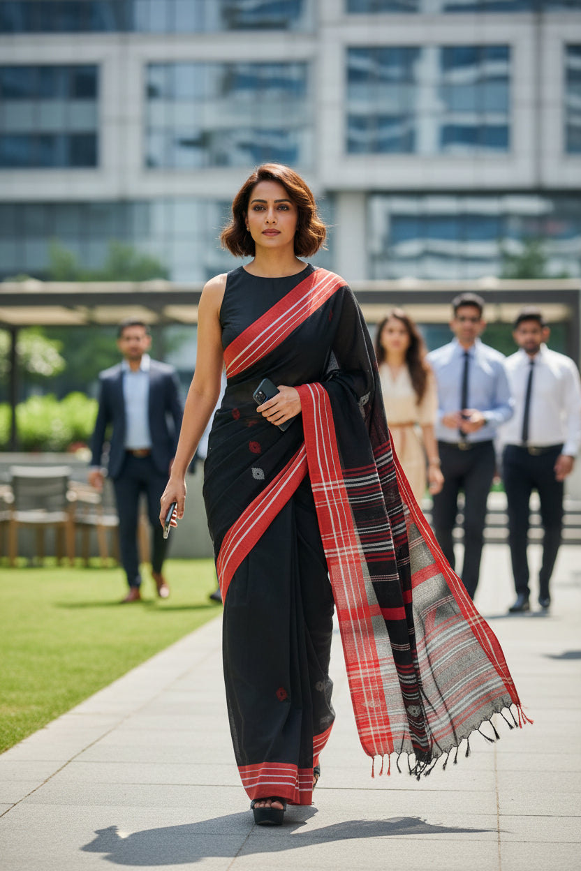 FINE HANDLOOM COTTON SAREE-CHARCOAL BLACK-RED BORDER- PURE COTTON SAREE COLLECTION | simmpli ethnicc