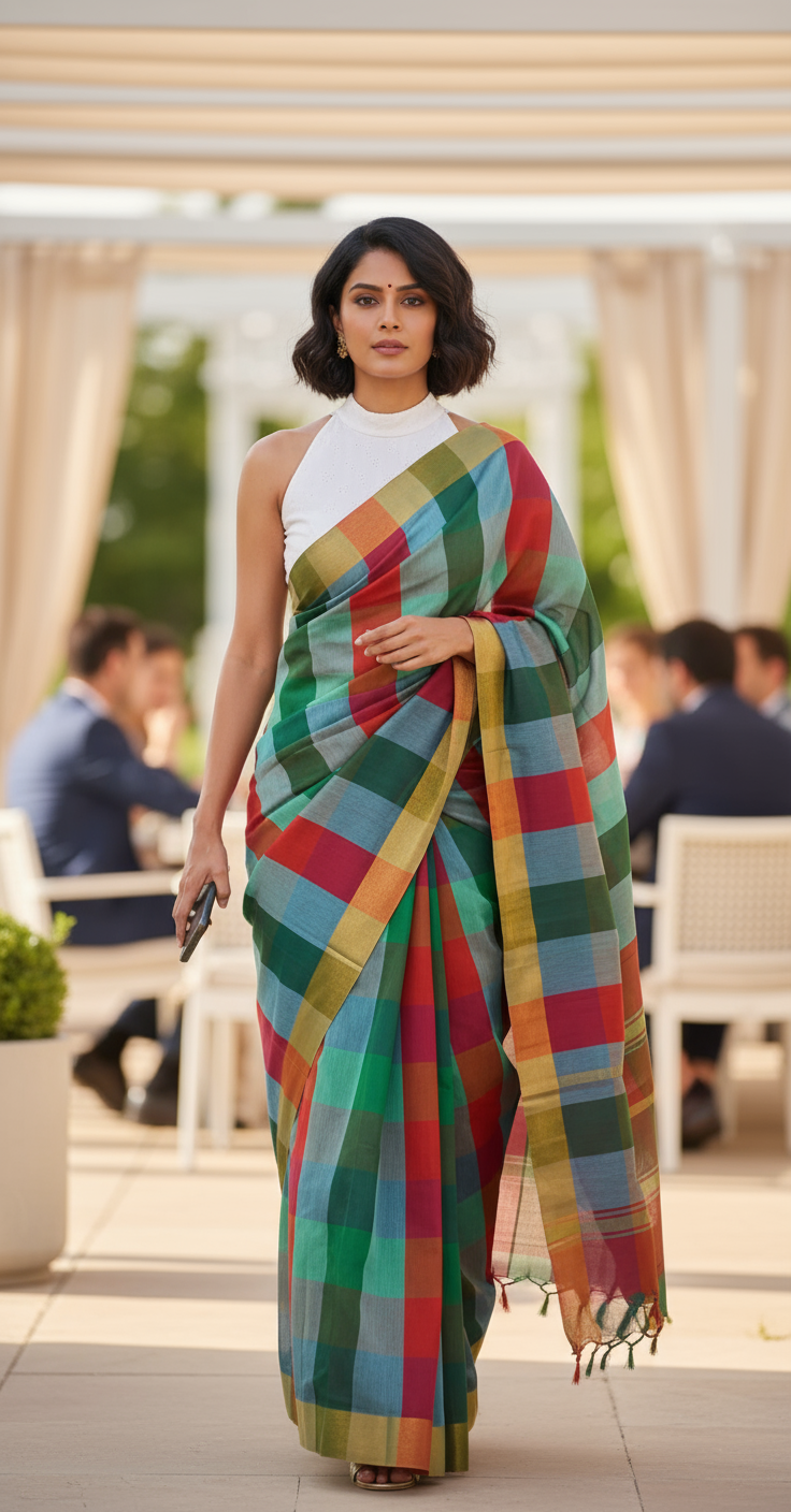 HANDLOOM COTTON SILK SAREE- MULTICOLOUR CHECKERED - COTTON SILK COLLECTION | simmpli ethnicc