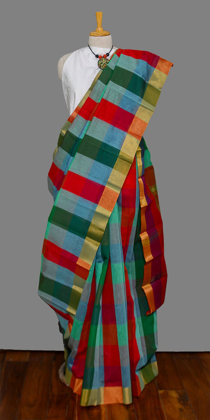 Cotton Silk Multicolour Checkered Golden Slim Border Saree | simmpli ethnicc