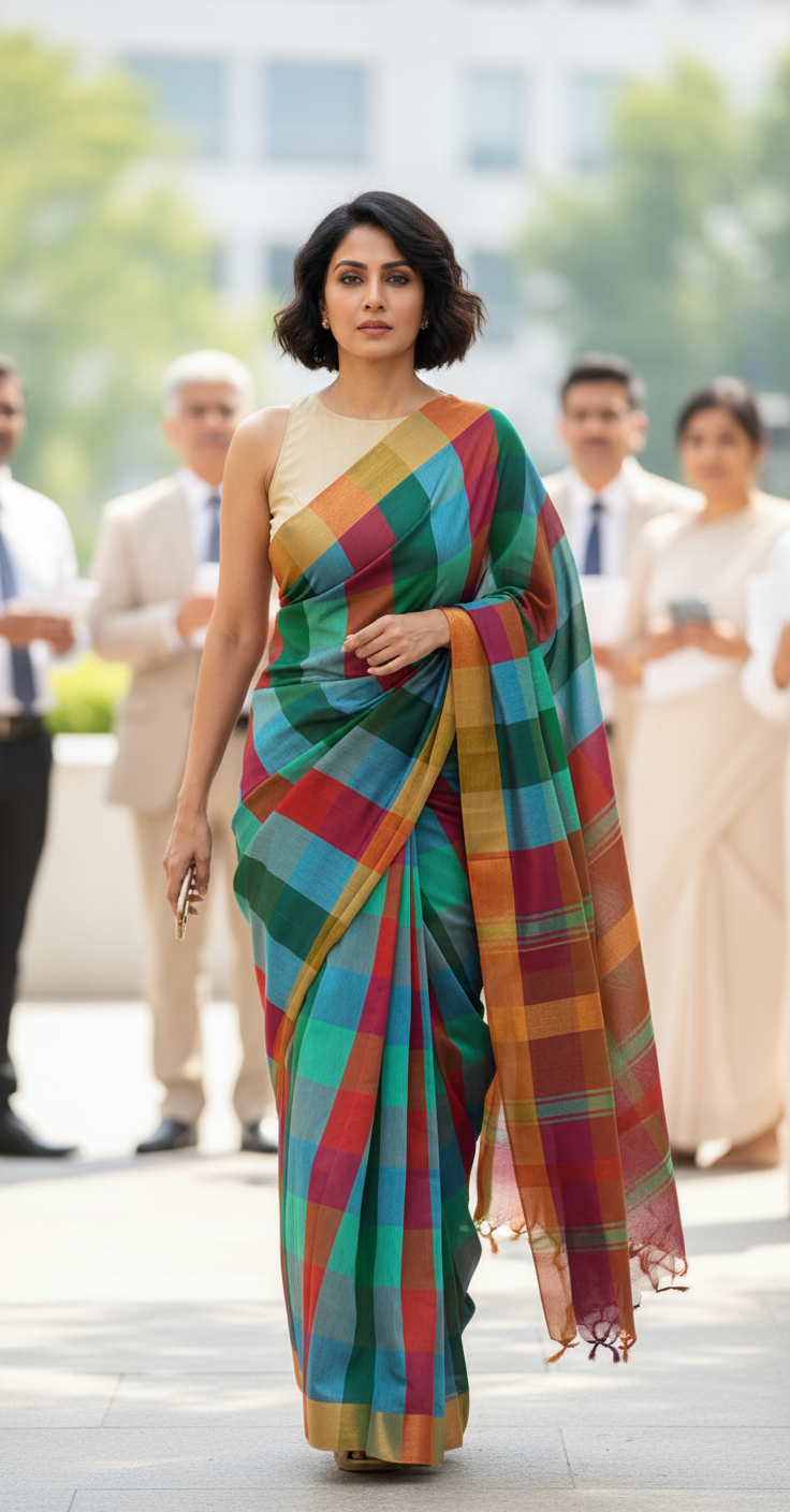 HANDLOOM COTTON SILK SAREE- MULTICOLOUR CHECKERED - COTTON SILK COLLECTION | simmpli ethnicc