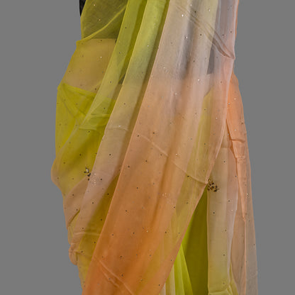 PURE CHIFFON SAREE-YELLOW GREEN - TYE-DYE -MUKESH- CHIFFON SAREE COLLECTION | simmpli ethnicc