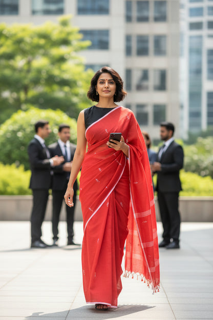 FINE HANDLOOM COTTON SAREE-CLASSIC RED- PURE COTTON SAREE COLLECTION | simmpli ethnicc