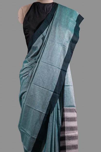 Fine Cotton Handloom Saree- Mint Green-Dark Green Border-Plain