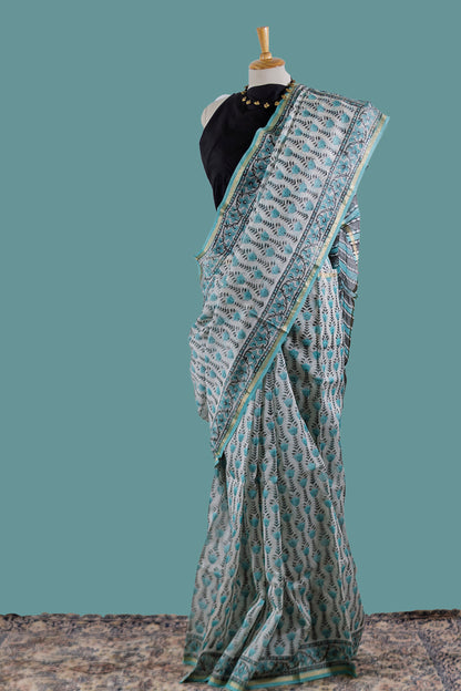 Aqua Green Chanderi saree- Floral Print