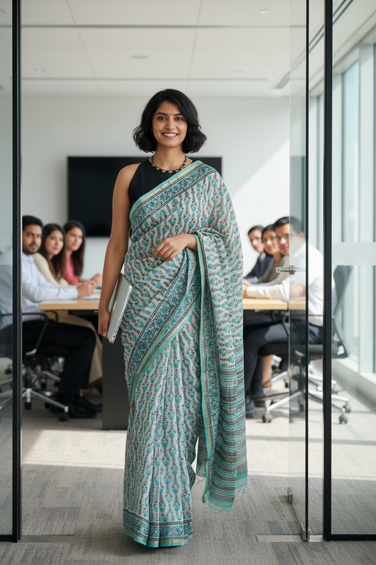 CHANDERI COTTON SAREE - AQUA GREEN FLORAL PRINT - CHANDERI SAREE COLLECTION | simmpli ethnicc