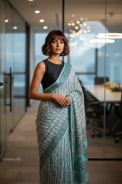 Chanderi Cotton Saree - Aqua Green-Floral Print