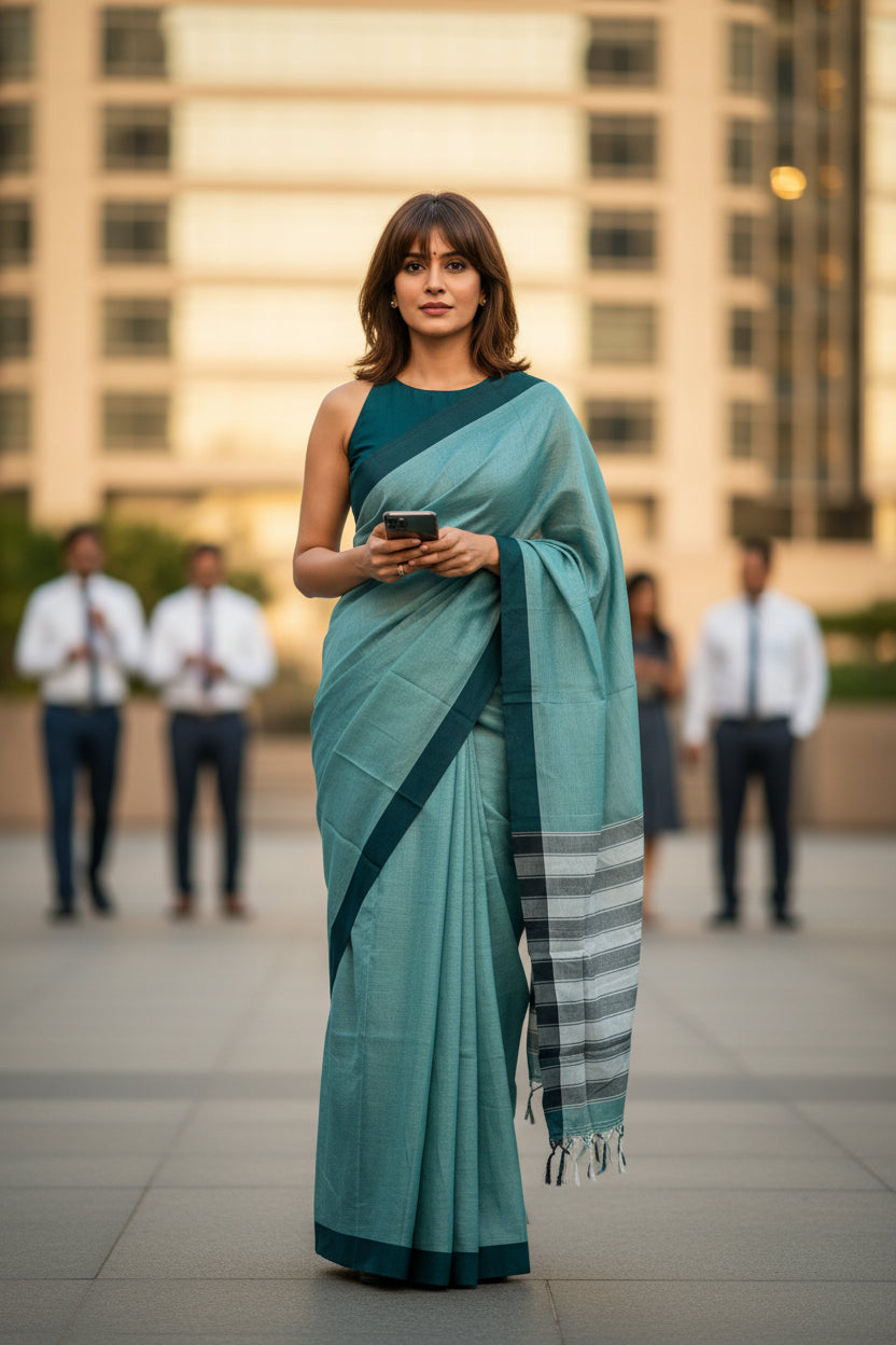 Fine Cotton Handloom Saree- Mint Green-Dark Green Border-Plain
