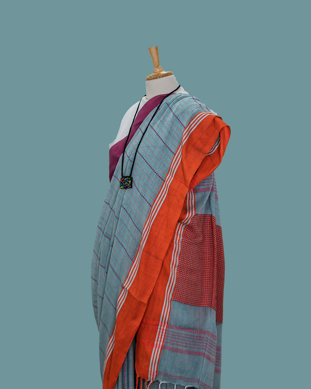 Handloom cotton Striped Aquamarine Green  With ganga jamuna Rose Red/ orange Border