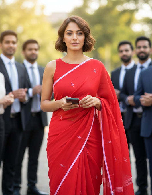 FINE HANDLOOM COTTON SAREE-CLASSIC RED- PURE COTTON SAREE COLLECTION | simmpli ethnicc