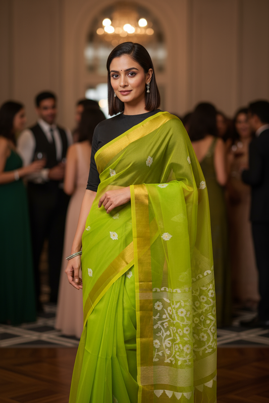 MUSLIN SILK SAREE -PARROT GREEN HANDWOVEN - PARTY WEAR COLLECTION | simmpli ethnicc