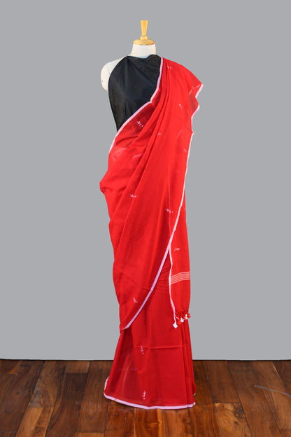 FINE HANDLOOM COTTON SAREE-CLASSIC RED- PURE COTTON SAREE COLLECTION | simmpli ethnicc