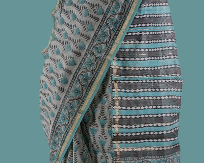 CHANDERI COTTON SAREE - AQUA GREEN FLORAL PRINT - CHANDERI SAREE COLLECTION | simmpli ethnicc