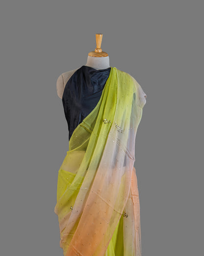 PURE CHIFFON SAREE-YELLOW GREEN - TYE-DYE -MUKESH- CHIFFON SAREE COLLECTION | simmpli ethnicc