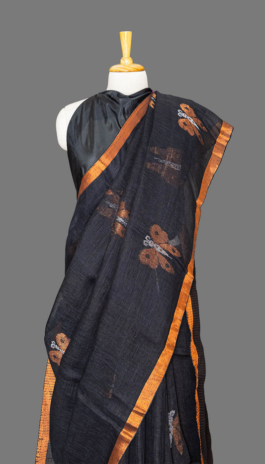 Black & Bronze Butterfly Booti Linen Saree | simmpli ethnicc