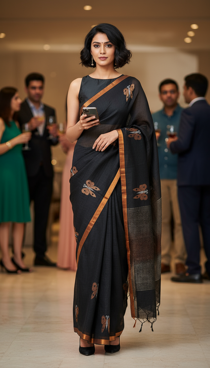LINEN SAREE -BLACK & BRONZE BUTTERFLY BOOTI - PARTY WEAR COLLECTION | simmpli ethnicc