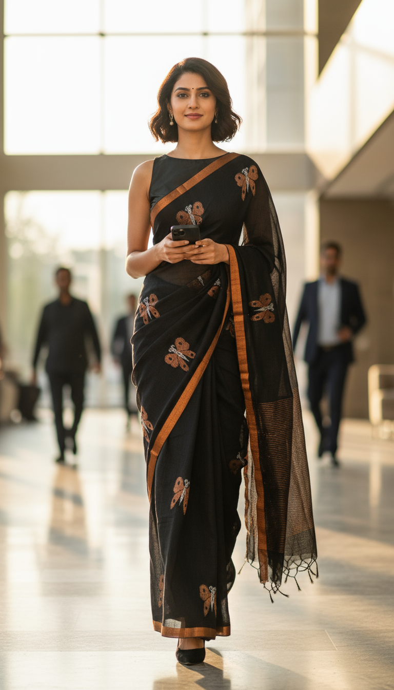 LINEN SAREE -BLACK & BRONZE BUTTERFLY BOOTI - PARTY WEAR COLLECTION | simmpli ethnicc