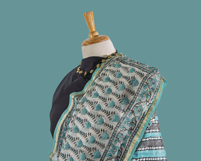 Aqua Green Chanderi saree- Floral Print